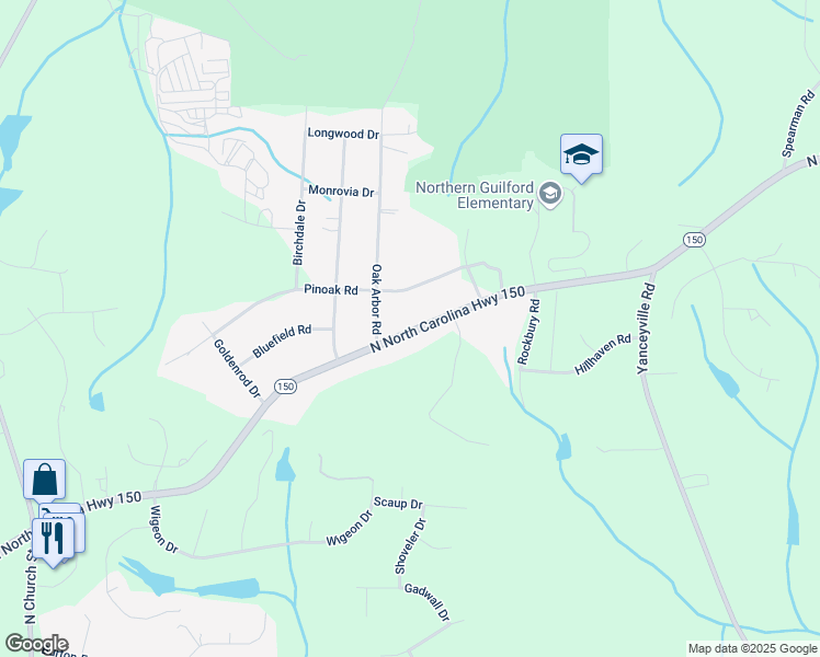 map of restaurants, bars, coffee shops, grocery stores, and more near 3507 North Carolina 150 in Greensboro
