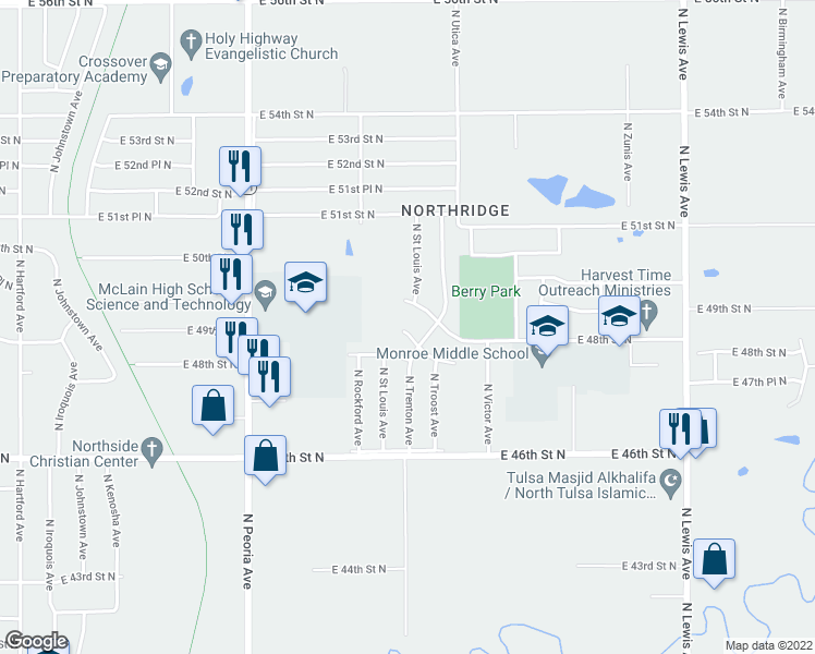 map of restaurants, bars, coffee shops, grocery stores, and more near 1555 East 48th Place North in Tulsa