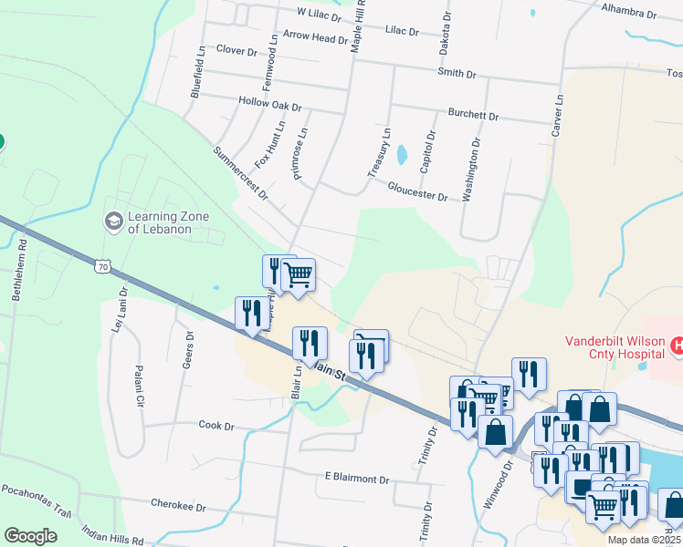 map of restaurants, bars, coffee shops, grocery stores, and more near 1682 Classic View Drive in Lebanon