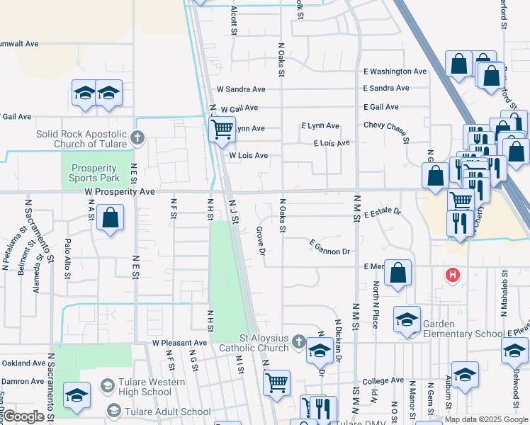 map of restaurants, bars, coffee shops, grocery stores, and more near 1255-1299 Serr Court in Tulare