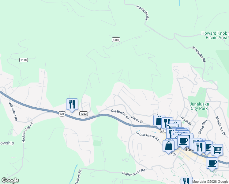 map of restaurants, bars, coffee shops, grocery stores, and more near 130 Stoneybrook Court in Boone