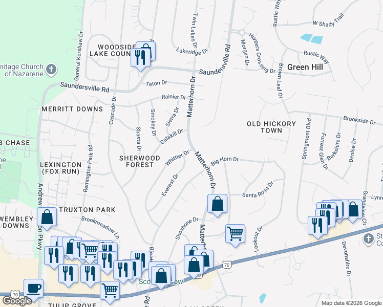map of restaurants, bars, coffee shops, grocery stores, and more near 4817 Matterhorn Drive in Green Hill