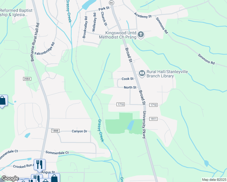 map of restaurants, bars, coffee shops, grocery stores, and more near 300 North Street in Rural Hall
