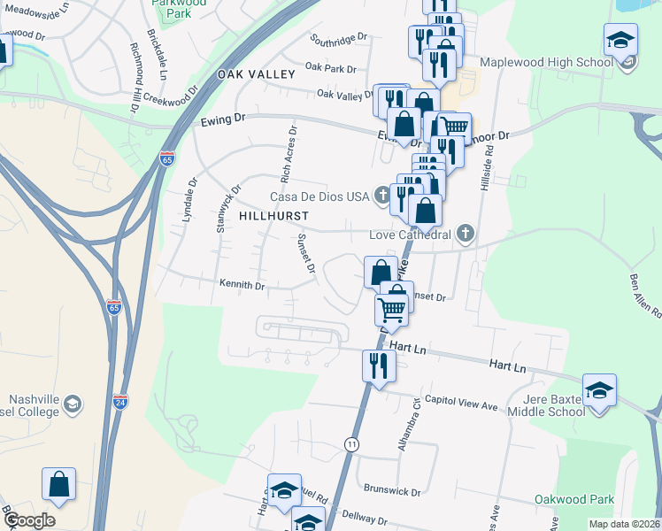 map of restaurants, bars, coffee shops, grocery stores, and more near 1100 Sunset Circle in Nashville