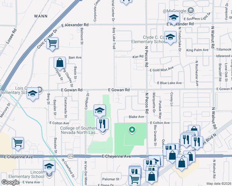 map of restaurants, bars, coffee shops, grocery stores, and more near 3544d Rio Robles Drive in North Las Vegas