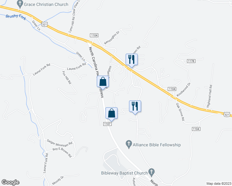 map of restaurants, bars, coffee shops, grocery stores, and more near 225 Long Street in Boone