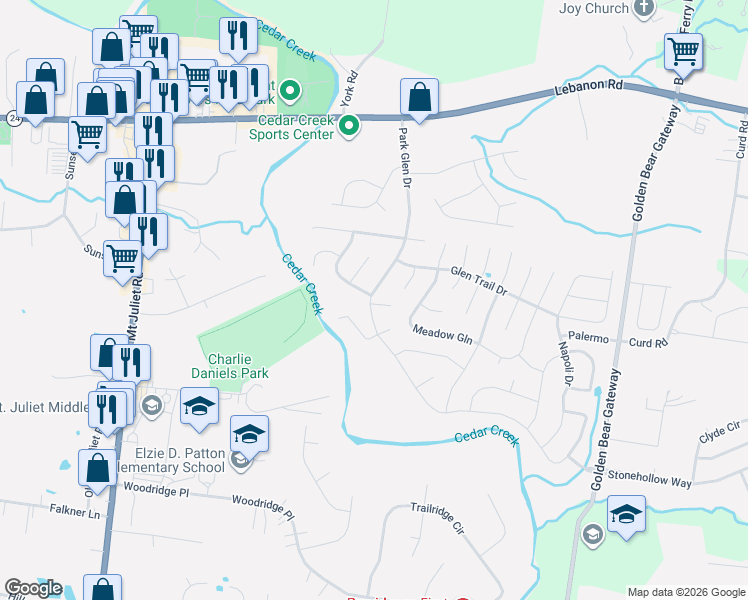 map of restaurants, bars, coffee shops, grocery stores, and more near 905 Park Crest Court in Mt. Juliet