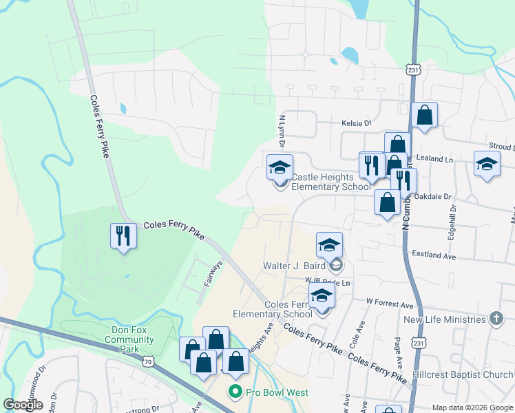 map of restaurants, bars, coffee shops, grocery stores, and more near 1001 Heydel Circle in Lebanon