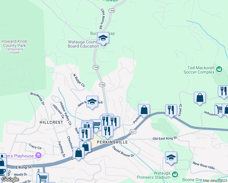 map of restaurants, bars, coffee shops, grocery stores, and more near 192 Fieldstream Drive in Boone