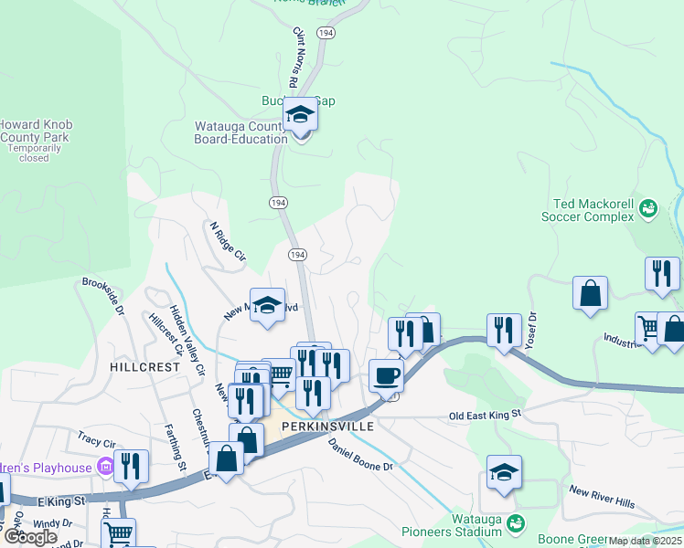 map of restaurants, bars, coffee shops, grocery stores, and more near 212 Fieldstream Drive in Boone
