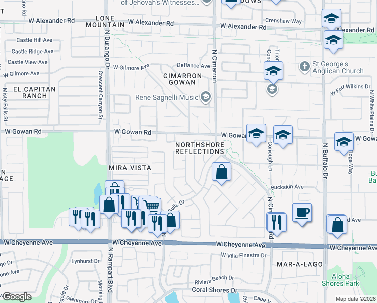map of restaurants, bars, coffee shops, grocery stores, and more near 3529 Round Valley Way in Las Vegas