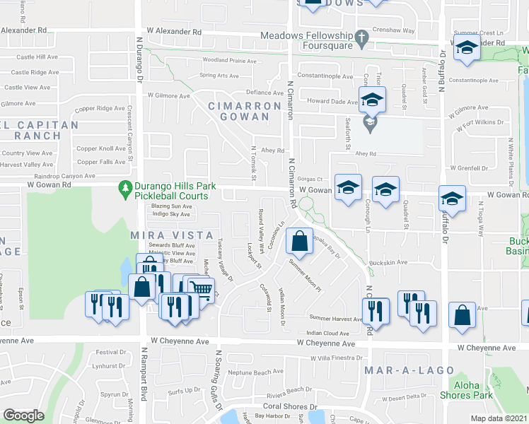 map of restaurants, bars, coffee shops, grocery stores, and more near 3520 Round Valley Way in Las Vegas