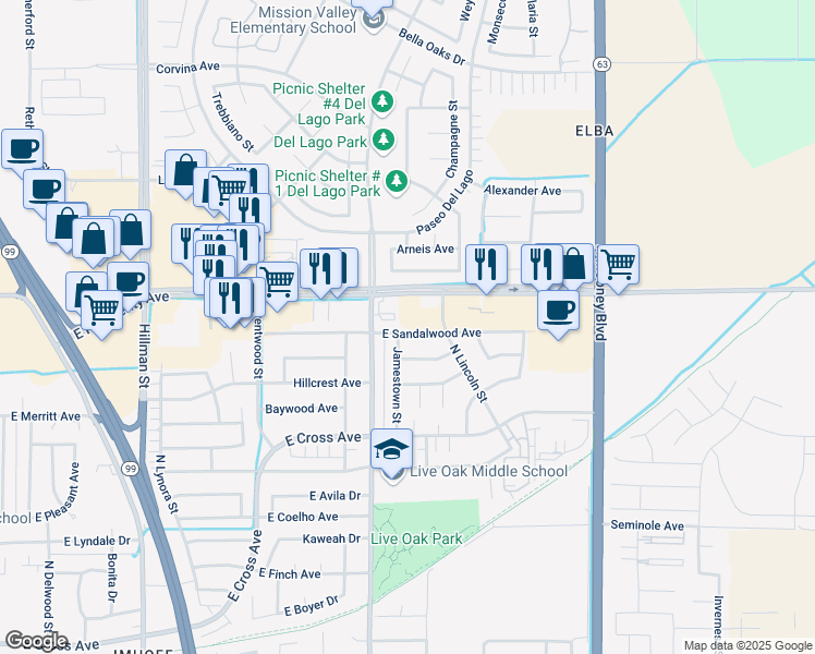 map of restaurants, bars, coffee shops, grocery stores, and more near 1766 E Sandalwood Ave in Tulare