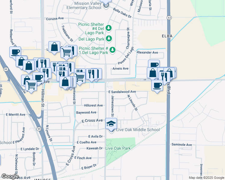 map of restaurants, bars, coffee shops, grocery stores, and more near 1766 East Sandalwood Avenue in Tulare