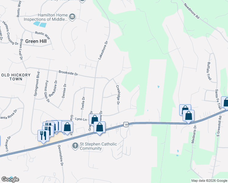 map of restaurants, bars, coffee shops, grocery stores, and more near 306 Highland Drive in Green Hill