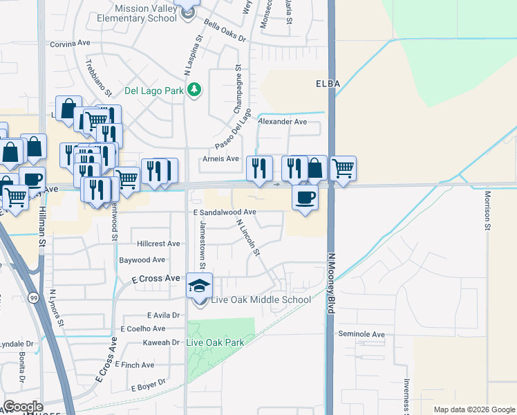 map of restaurants, bars, coffee shops, grocery stores, and more near 1928 East Sandalwood Avenue in Tulare
