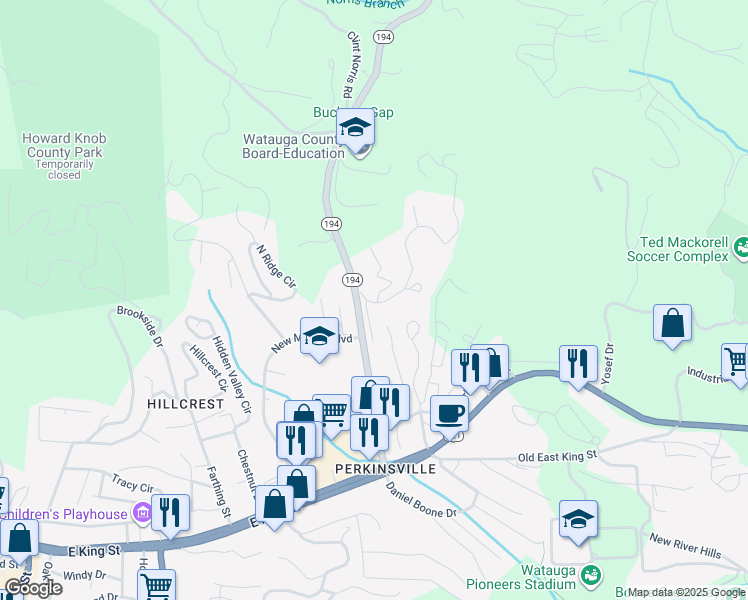 map of restaurants, bars, coffee shops, grocery stores, and more near 101 Bruce Shelton Boulevard in Boone