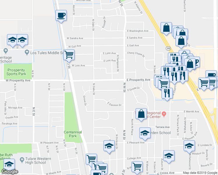 map of restaurants, bars, coffee shops, grocery stores, and more near 230 East Estate Drive in Tulare