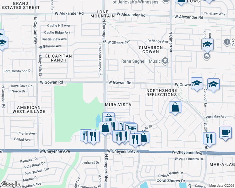 map of restaurants, bars, coffee shops, grocery stores, and more near 8440 Indigo Sky Avenue in Las Vegas