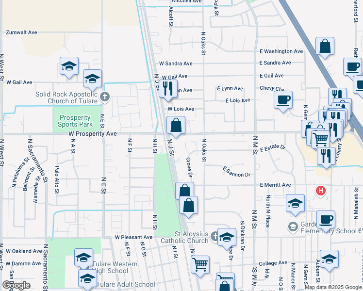 map of restaurants, bars, coffee shops, grocery stores, and more near 1255 Serr Court in Tulare