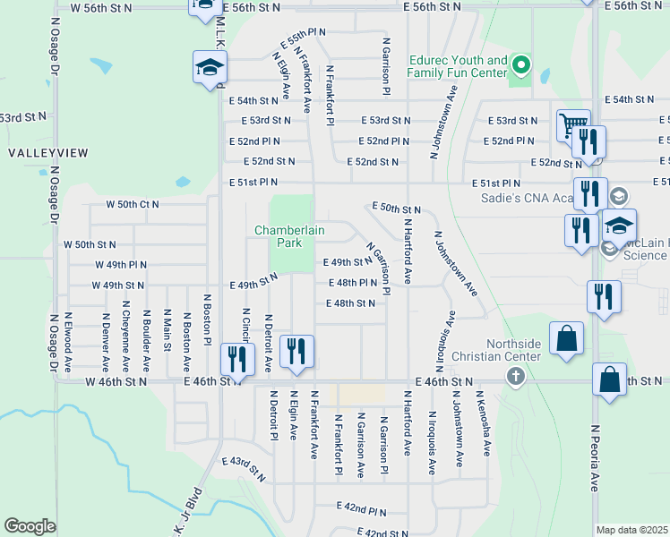 map of restaurants, bars, coffee shops, grocery stores, and more near 524 East 49th Street North in Tulsa