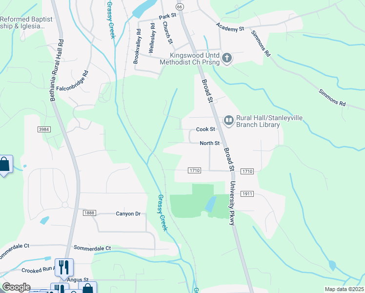 map of restaurants, bars, coffee shops, grocery stores, and more near 300 North Street in Rural Hall