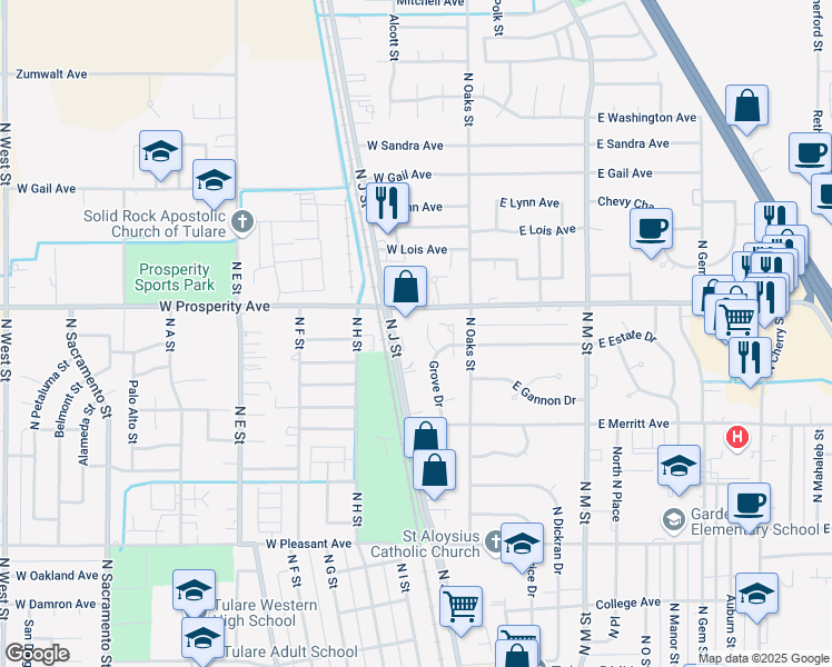map of restaurants, bars, coffee shops, grocery stores, and more near 1255 Serr Court in Tulare