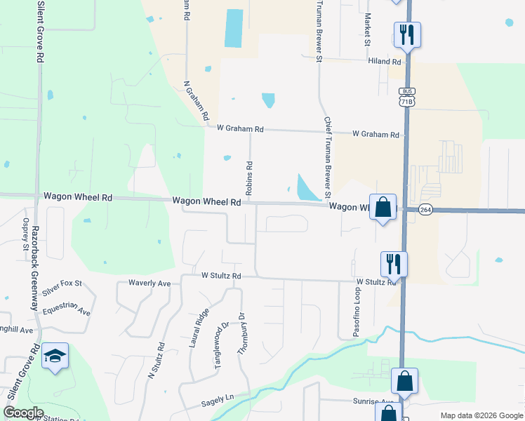 map of restaurants, bars, coffee shops, grocery stores, and more near 1537 Robins Road in Springdale