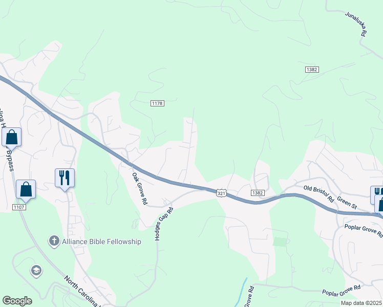 map of restaurants, bars, coffee shops, grocery stores, and more near 1246 Highland Hall Road in Boone