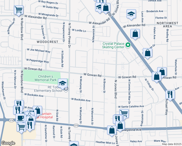 map of restaurants, bars, coffee shops, grocery stores, and more near 3601 North Maverick Street in Las Vegas