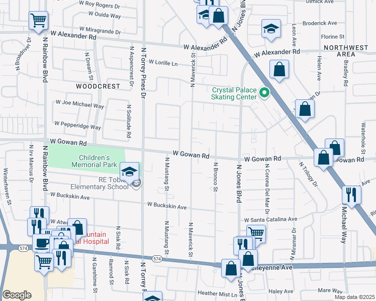 map of restaurants, bars, coffee shops, grocery stores, and more near 3601 North Maverick Street in Las Vegas