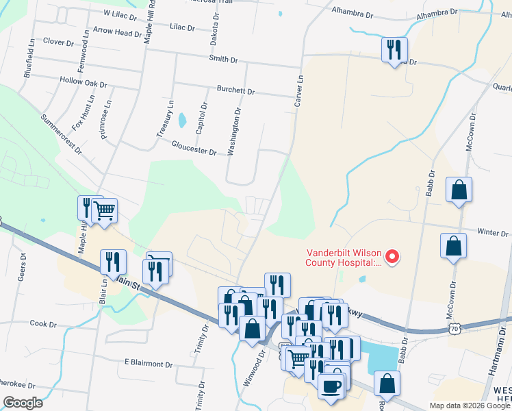 map of restaurants, bars, coffee shops, grocery stores, and more near 216 Carver Lane in Lebanon
