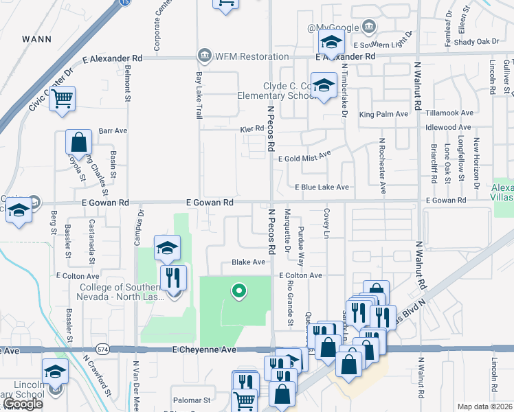 map of restaurants, bars, coffee shops, grocery stores, and more near 3536 Orvis Street in Las Vegas