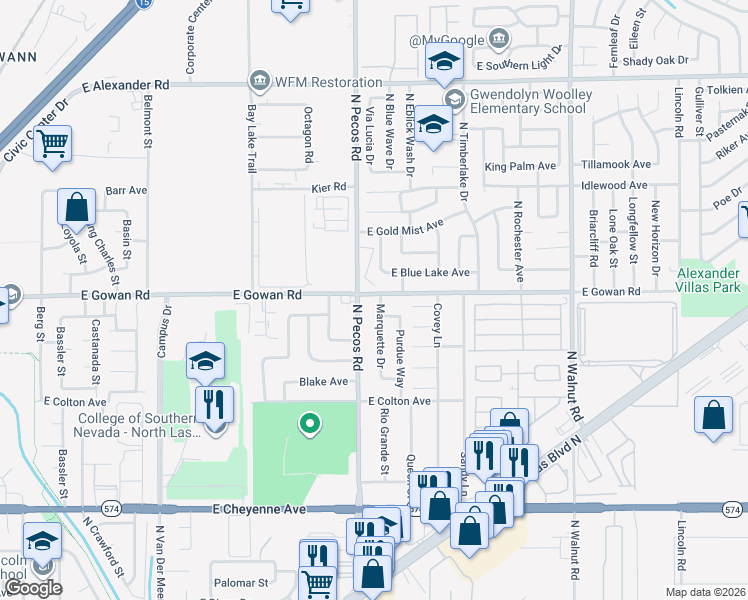 map of restaurants, bars, coffee shops, grocery stores, and more near 3593 Marquette Drive in Las Vegas
