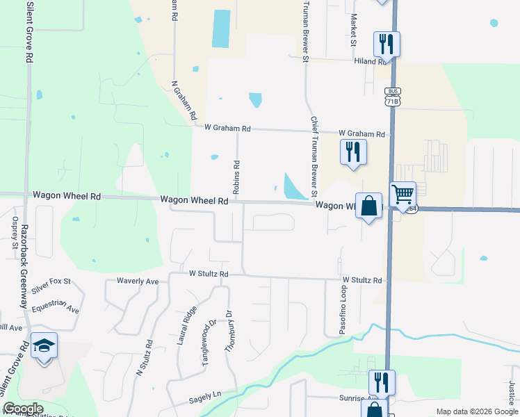 map of restaurants, bars, coffee shops, grocery stores, and more near 1537 Robins Road in Springdale