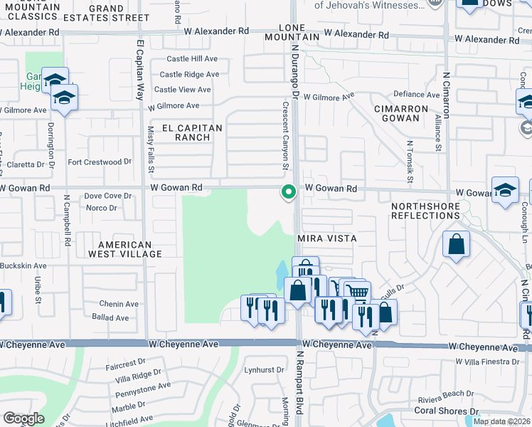 map of restaurants, bars, coffee shops, grocery stores, and more near 3521 North Durango Drive in Las Vegas