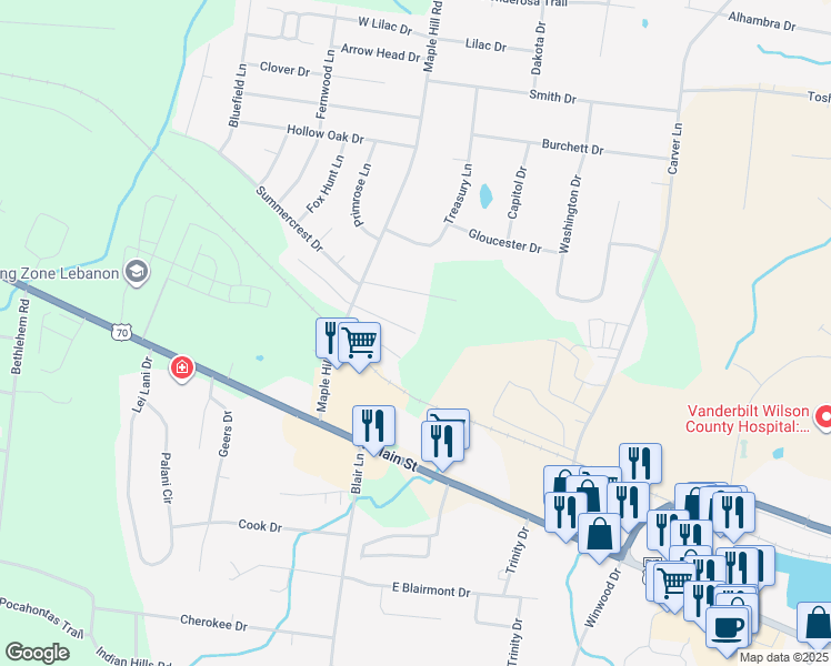 map of restaurants, bars, coffee shops, grocery stores, and more near 1600 Classic View Drive in Lebanon