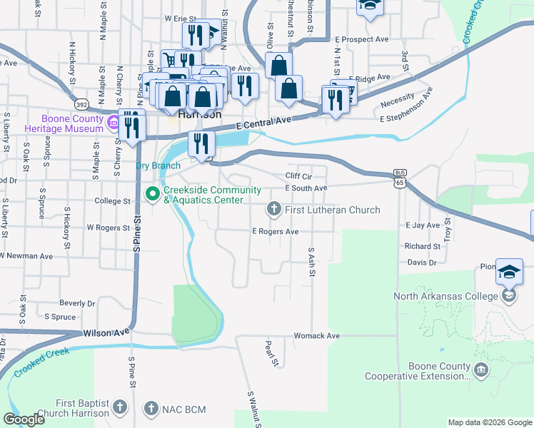 map of restaurants, bars, coffee shops, grocery stores, and more near 506 South Locust Street in Harrison