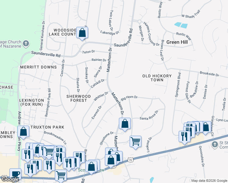map of restaurants, bars, coffee shops, grocery stores, and more near 4817 Matterhorn Dr in Green Hill