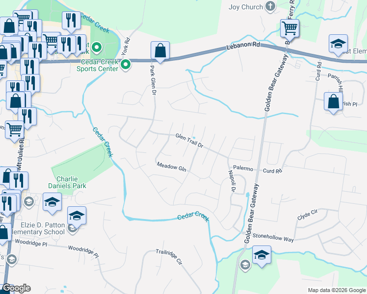 map of restaurants, bars, coffee shops, grocery stores, and more near 4005 Willowpond Court in Mt. Juliet