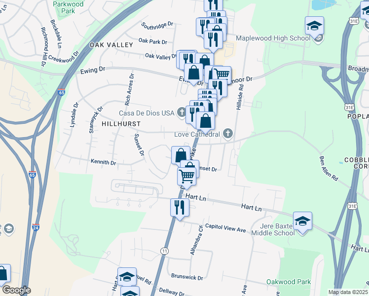 map of restaurants, bars, coffee shops, grocery stores, and more near 2996 Dickerson Pike in Nashville