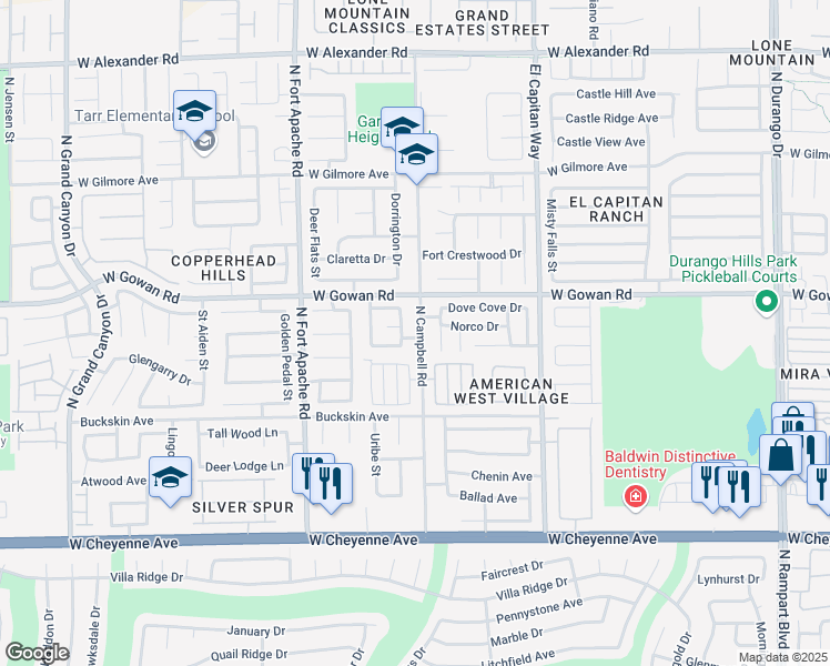 map of restaurants, bars, coffee shops, grocery stores, and more near 3539 North Campbell Road in Las Vegas