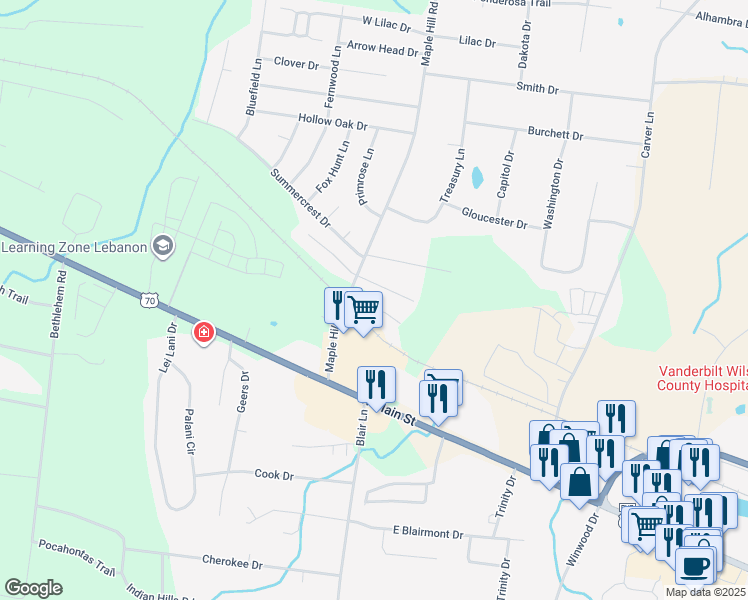 map of restaurants, bars, coffee shops, grocery stores, and more near 100 Maple Crossing Drive in Lebanon