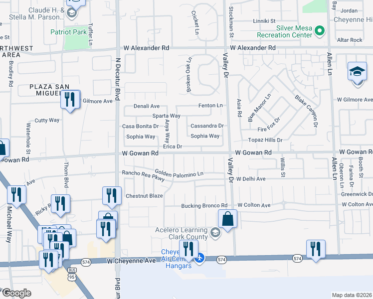 map of restaurants, bars, coffee shops, grocery stores, and more near 4425 Erica Drive in North Las Vegas