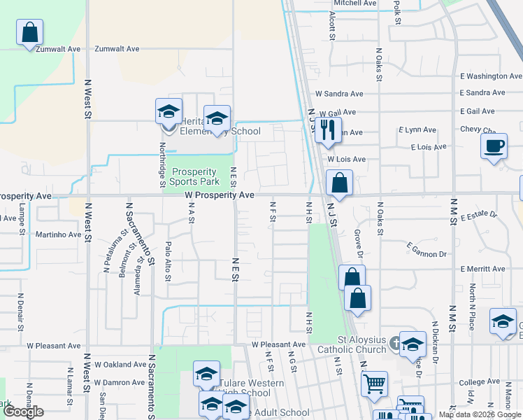 map of restaurants, bars, coffee shops, grocery stores, and more near 1243 North F Street in Tulare