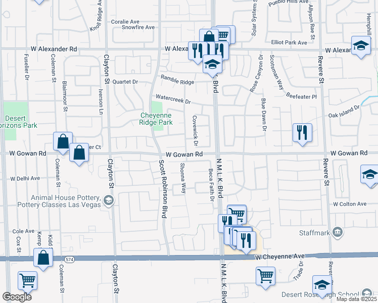 map of restaurants, bars, coffee shops, grocery stores, and more near 3606 Quail Creek Drive in North Las Vegas