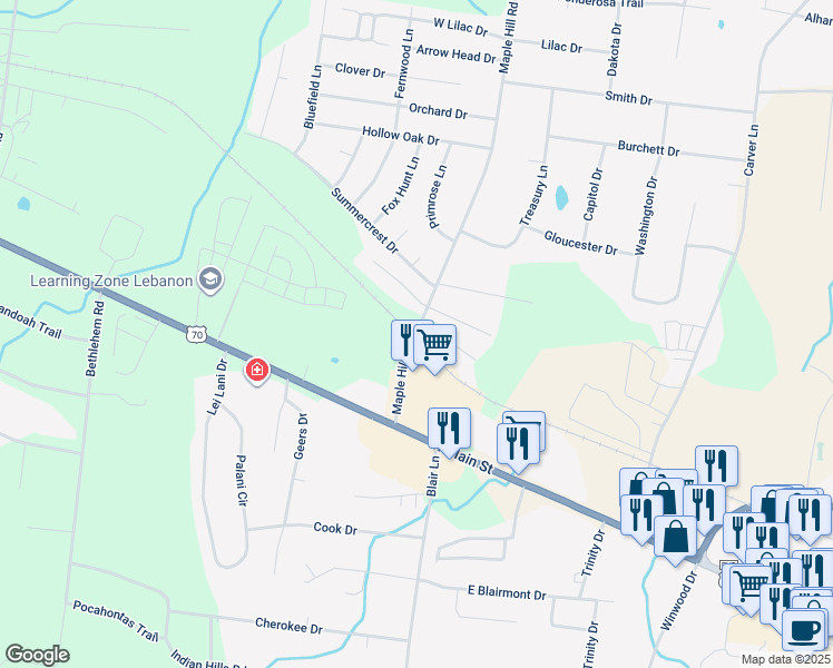 map of restaurants, bars, coffee shops, grocery stores, and more near 198 Maple Hill Road in Lebanon