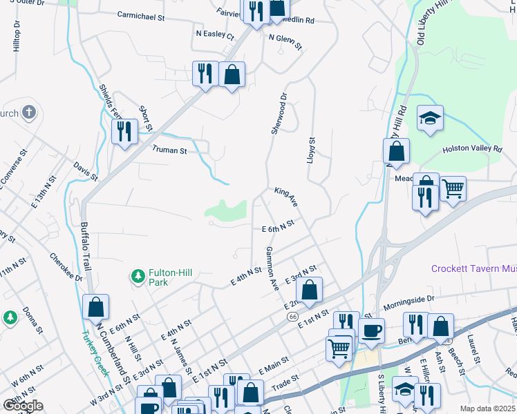 map of restaurants, bars, coffee shops, grocery stores, and more near 736 Sherwood Drive in Morristown