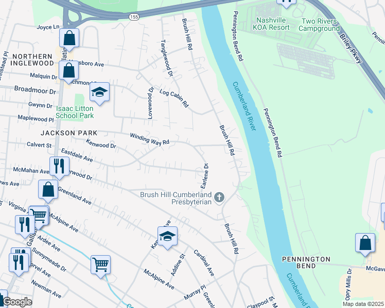 map of restaurants, bars, coffee shops, grocery stores, and more near 1500 Winding Way Road in Nashville