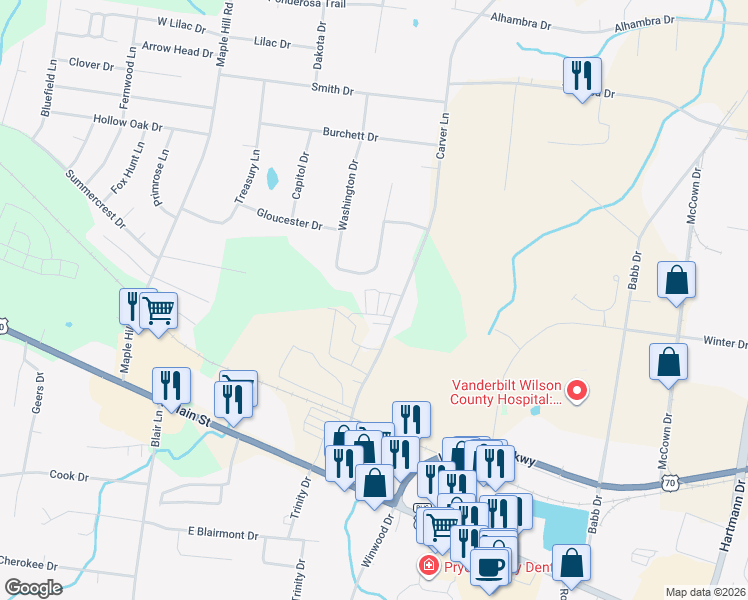 map of restaurants, bars, coffee shops, grocery stores, and more near 216 Carver Lane in Lebanon